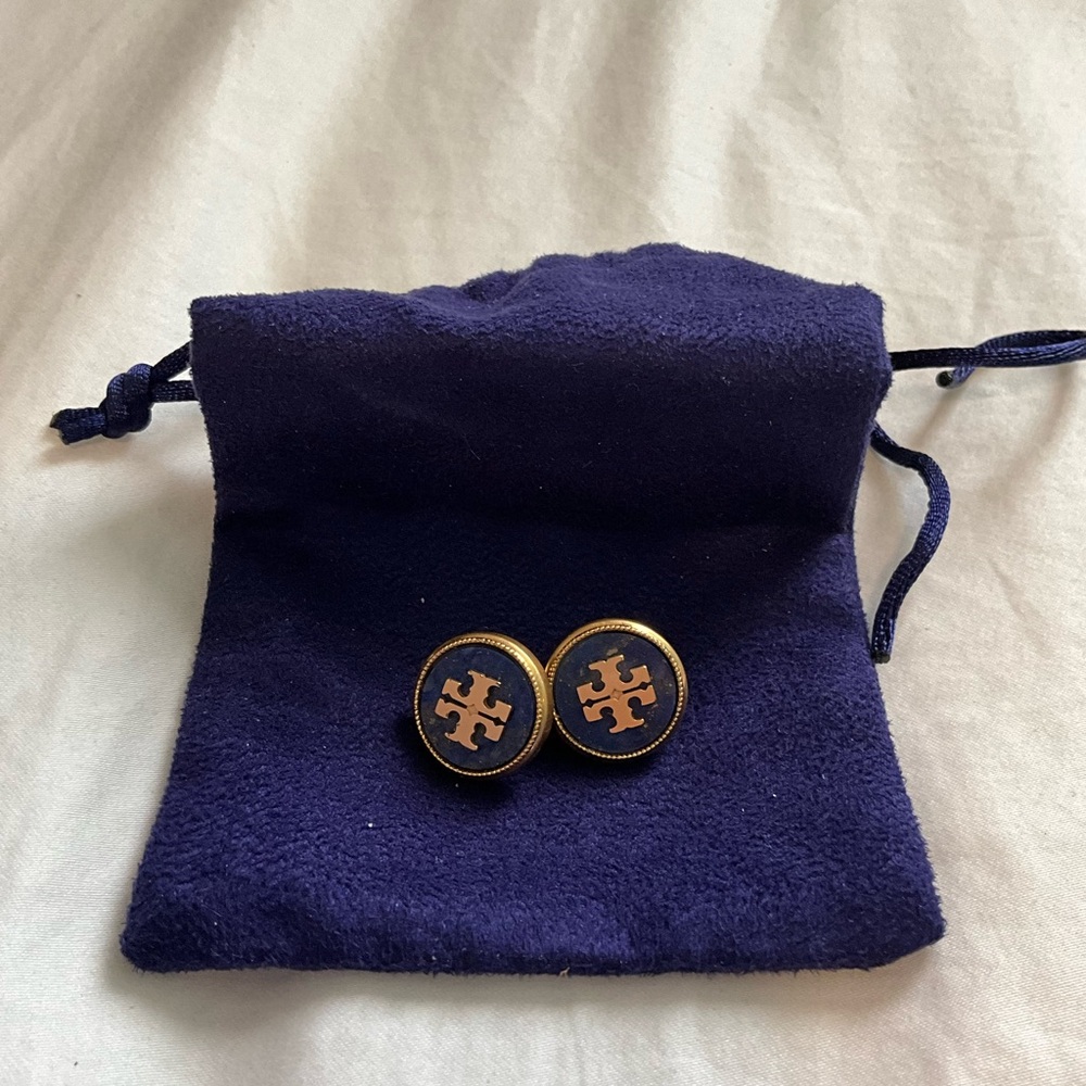 Tory Burch Blue Marble and Gold Logo Stud Earrings